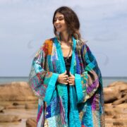 Aqua Blue Quilted Silk Patchwork Kimono: Handmade Boho Jacket - Nina - Image 4