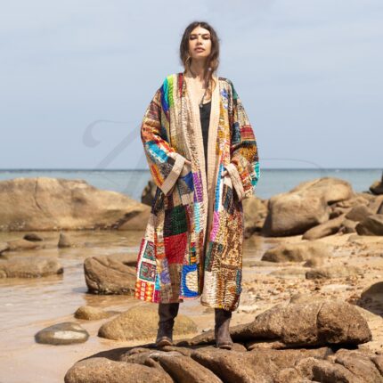 Plus Size Silk Patchwork Kimono: Boho Quilted Duster Jacket - Nina