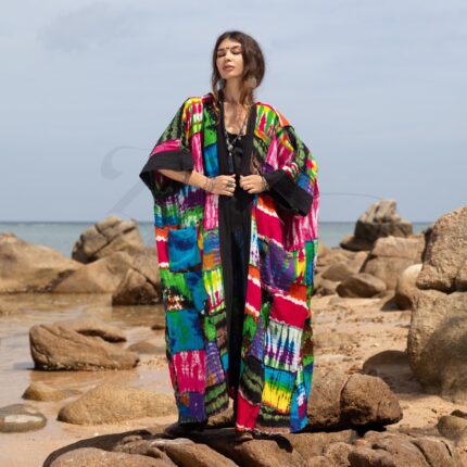 Boho Plus Size Patchwork Kimono Duster: Mosaic Tie-Dye Raw Cotton Jacket - Veda