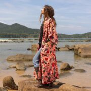 Pink Velvet Kimono Duster: Plus Size Boho Evening Coat with Pockets - Harper Jade - Image 2