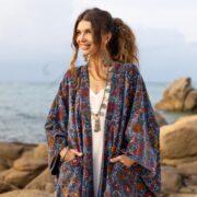 Indigo Firewheel Velvet Kimono Duster: Plus Size Boho Coat - Harper Jade - Image 4
