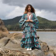 Plus Size Silky Kimono Duster: Azure Paisley Ruffle Robe - Bali