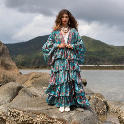 Plus Size Silky Kimono Duster: Azure Paisley Ruffle Robe - Bali