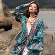 Plus Size Silky Kimono Duster: Azure Paisley Ruffle Robe - Bali - Image 4