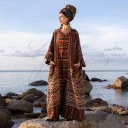 Handwoven Boho Kimono Robe: Golden Rust Hooded Cotton Duster - Mystic
