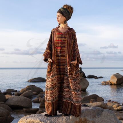 Handwoven Boho Kimono Robe: Golden Rust Hooded Cotton Duster - Mystic