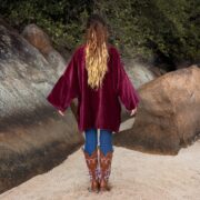 Merlot Velvet Kimono Jacket: Boho Short Coat, Plus Size Winter Outfit - Mei - Image 3