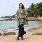 Elysian Sage Velvet Kimono: Reversible Floral Cotton Lined Boho Coat - Mei
