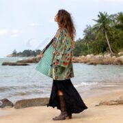 Elysian Sage Velvet Kimono: Reversible Floral Cotton Lined Boho Coat - Mei - Image 2