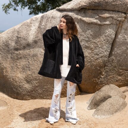 Plus Size Velvet Kimono Jacket: Raven Black Boho Coat - Mei