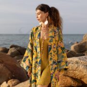 Plus Size Velvet Kimono Duster: Handmade Boho Canary Garden Coat - Mai - Image 4