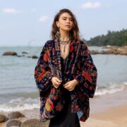 Royal Peony Velvet Kimono Jacket: Plus Size Boho Winter Coat - Mei - Image 4