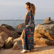 Plus Size Velvet Kimono Duster: Cyan Oasis Floral Boho Robe - Harper Jade - Image 2