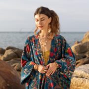 Plus Size Velvet Kimono Duster: Cyan Oasis Floral Boho Robe - Harper Jade - Image 4