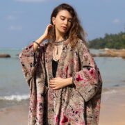 Velvet Kimono Robe: Plus Size Boho Duster Coat, Meadowfire Floral - Harper Jade - Image 4