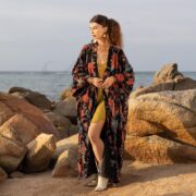 Plus Size Velvet Kimono Duster: Garnet Bloom Boho Robe - Harper Jade