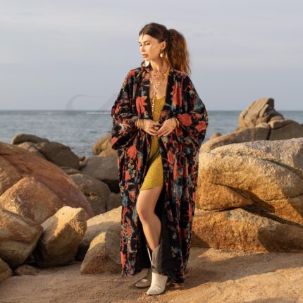 Plus Size Velvet Kimono Duster: Garnet Bloom Boho Robe - Harper Jade