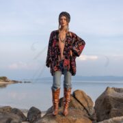 Plus Size Cotton Velvet Kimono Jacket: Floral Boho Coat - Mei
