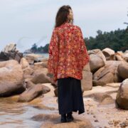 Plus Size Velvet Kimono Jacket: Red Firewheel Gold Embroidery - Mei - Image 3