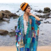 Plus Size Quilted Silk Kimono Duster: Glacier Prism Patchwork Robe - Ember - Image 4