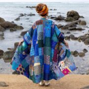 Quilted Silk Kimono Duster: Boho Patchwork Robe - Sapphire River - Ember - Image 3