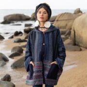 Handwoven Gheri Cotton Kimono Jacket: Navy Sahara Patchwork Coat - Sahara - Image 4