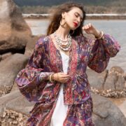 Plus Size Paisley Kimono Duster: Ruffle Boho Robe, Beach Cover Up - Bali - Image 4