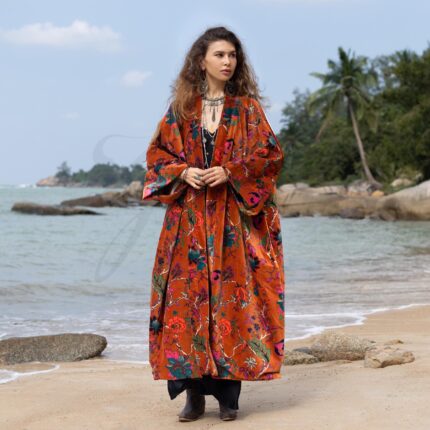 Plus Size Velvet Kimono: Terracotta Rose Floral Duster Coat - Mai