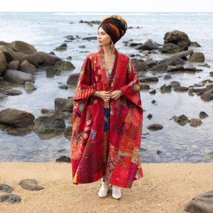 Quilted Silk Kimono Duster: Boho Patchwork Robe by ZinniaPearl - Ember