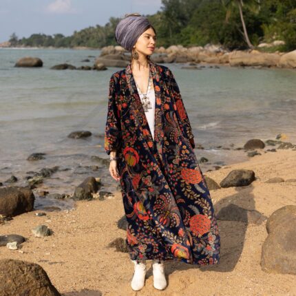 Plus Size Velvet Kimono Duster: Royal Peony Boho Robe - Harper Jade