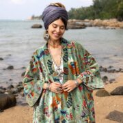 Boho Velvet Kimono Duster: Plus Size Elysian Sage Floral Coat - Harper Jade - Image 4