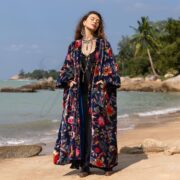 Plus Size Velvet Kimono Duster: Venetian Sapphire Floral Boho Coat - Harper Jade