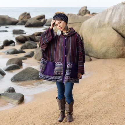 Handwoven Gheri Cotton Hooded Jacket: Boho Patchwork Kimono Coat - Sahara