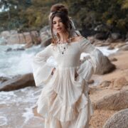 Boho Wedding Dress: Raw Cotton Tiered Maxi Gown, Bell Sleeves - Lucia - Image 10