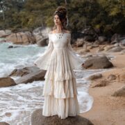 Boho Wedding Dress: Raw Cotton Tiered Maxi Gown, Bell Sleeves - Lucia - Image 7