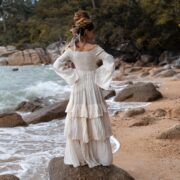 Boho Off-Shoulder Wedding Dress: Opal Cream Cotton Maxi Gown - Lucia - Image 3