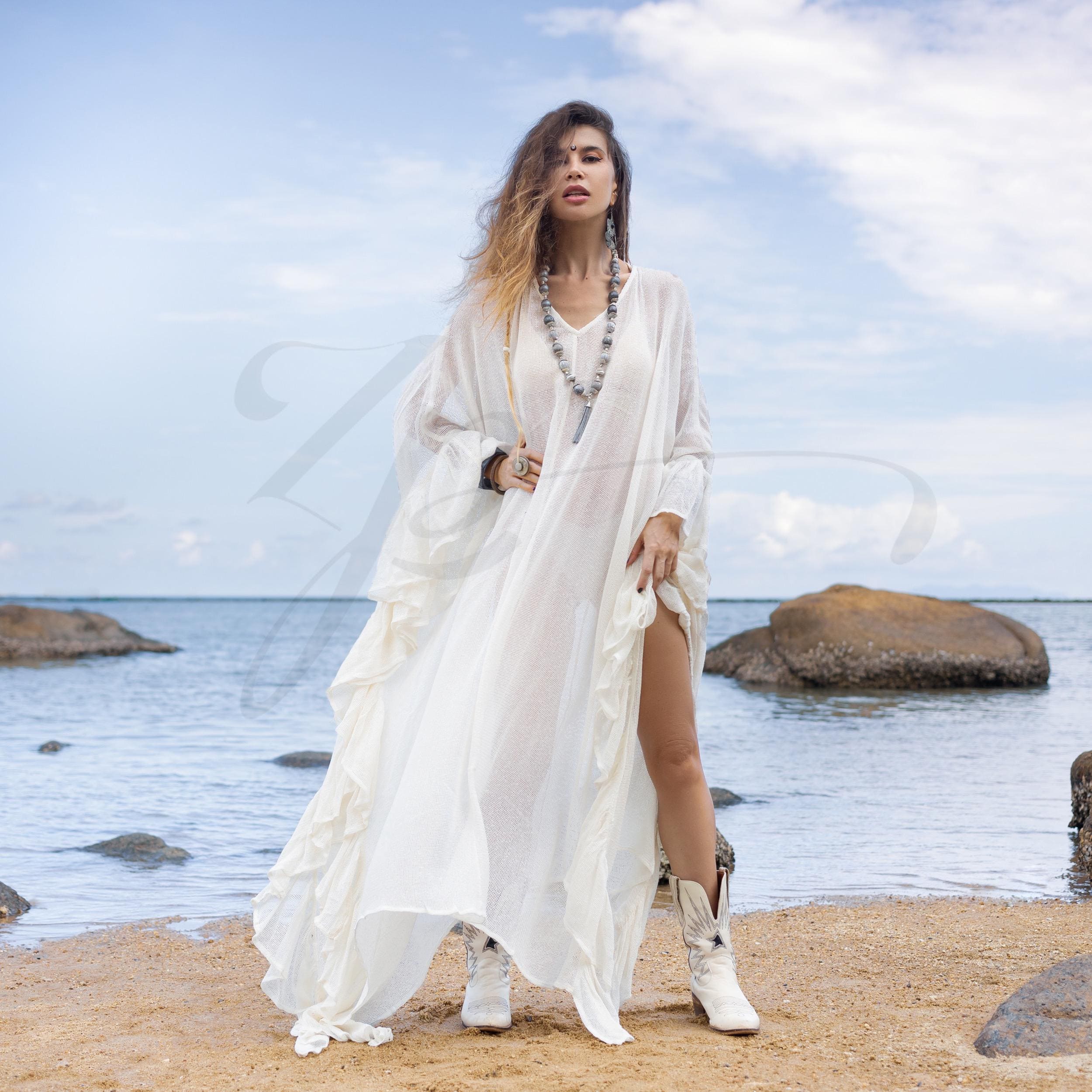 il_fullxfull.6562215164_e0q8.jpg Lunar Glow Mesh Kaftan Dress: Boho Beach Cover-Up | Sheer Cardigan | Flowing Versatile Style | Bold Flirtatious | Ondine by ZinniaPearl - Image 1