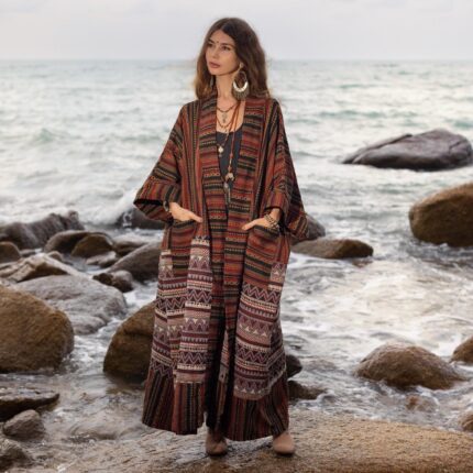 Plus Size Handwoven Cotton Kimono Robe: Rustic Boho Duster Coat - Imperial