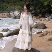 Rustic Raw Cotton Boho Wedding Dress: Tiered Poet Sleeves - Stella