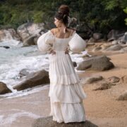 Rustic Raw Cotton Boho Wedding Dress: Tiered Poet Sleeves - Stella - Image 3