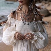 Rustic Raw Cotton Boho Wedding Dress: Tiered Poet Sleeves - Stella - Image 6