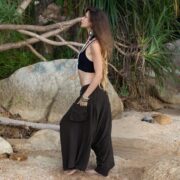 Raven Black Harem Pants: Handmade Raw Cotton Boho Yoga Lounge Wear - Ira - Image 2