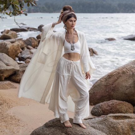 Ivory Shore Whispering Willow Kimono - Plus Size Boho Duster by ZinniaPearl: Handcrafted Luxe Robe, Unique Statement Piece, Perfect Gift