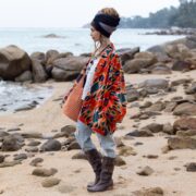 Flaming Coral Velvet Kimono Robe: Boho Ikat Cotton Jacket - Mei - Image 8