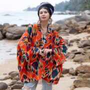 Flaming Coral Velvet Kimono Robe: Boho Ikat Cotton Jacket - Mei - Image 10