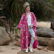 Plus Size Velvet Kimono Duster: Rosewater Pink Floral Boho Robe - Harper Jade
