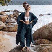 Plus Size Boho Kimono Set: Cotton Duster Jacket and Harem Pants - Willow