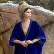 Plus Size Velvet Kimono: Royal Sapphire Lace Duster Robe - Misty - Image 4