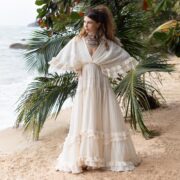 Plus Size Boho Wedding Dress: Ivory Cotton Maxi Gown, Deep V-Neck - Beata