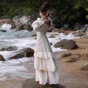 Rustic Raw Cotton Boho Wedding Dress: Tiered Poet Sleeves - Stella - Image 2